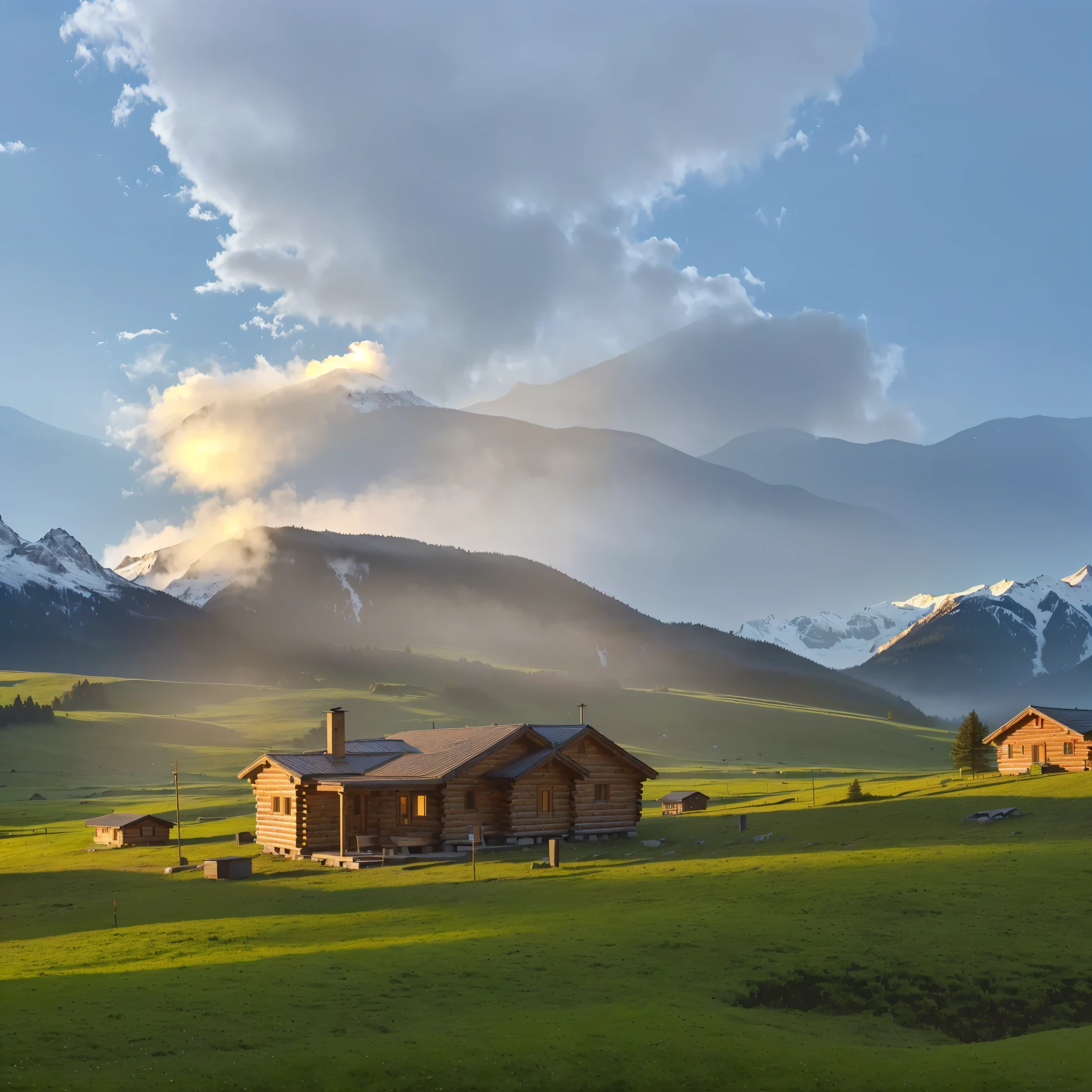 There is a small cabin in the middle of the field，A mountain in the background, wood cabin in distance, log cabin beneath the alps, integrated in the mountains, Wooden house built on the mountain, 8K)), Chimney smoke, Smoke drifting, early morning, late summer evening, Morning atmosphere, Comfortable atmosphere