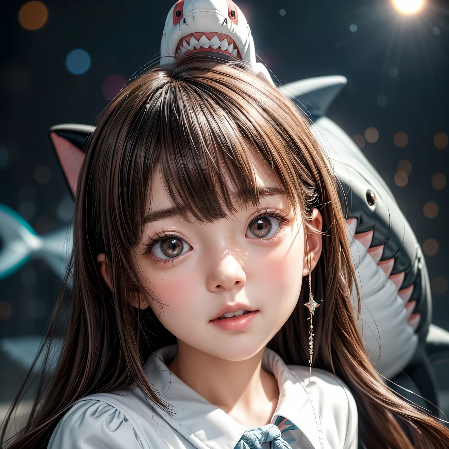 (((HUGE stuffed Shark on Head))), 8k, High-level, absurd, masterpiece, best quality, primitive, very detailed CG, very detailed wallpaper, perfect lighting, Extremely detailed ((( personifying " Shark " as a  Girl))), MysticSight, Tyndall effect, Tyndall scattering, (Studio gray background with (Overflowing oodles Dazzling RainbowColorParticles (BokeH))), (RoundlyButts, ThighGap), (Exposed:0.4), (Assfocus with looking ahead) BREAK  (Acutance:0.88), (NOGIZAKA face variations) Extremely Detailed very KAWAII face variations, perfect anatomy, Childish, CaptivatingGaze ElaboratePupils detailed Eyes with (sparkling highlights:1.28), (Voluminous LongEyelashes:0.88)、GlossyRED Lips with beautiful details, RosyCheeks, Radiant PearlSkin with Transparency . { (Dynamic LifeLike expressions:1.4) | (:d) }, (large eyes:-1) .