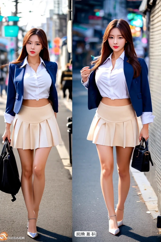 a 17 year old girl, she is the most beautiful actress in the world, the perfect body proportions of this girl, her clothed large breasts, she is wearing the blazer on the formal shirt, her crotch area of the panties are hardly hidden by short skirt, her bare legs, it's just one frame, it's just front of her body, no space between her head and top frame, the lower than her shins are out of bottom frame, she is standing at the city street, nsfw, best quality, highly detailed, masterpiece, ultra high res, photo realistic, 8k, RAW photo