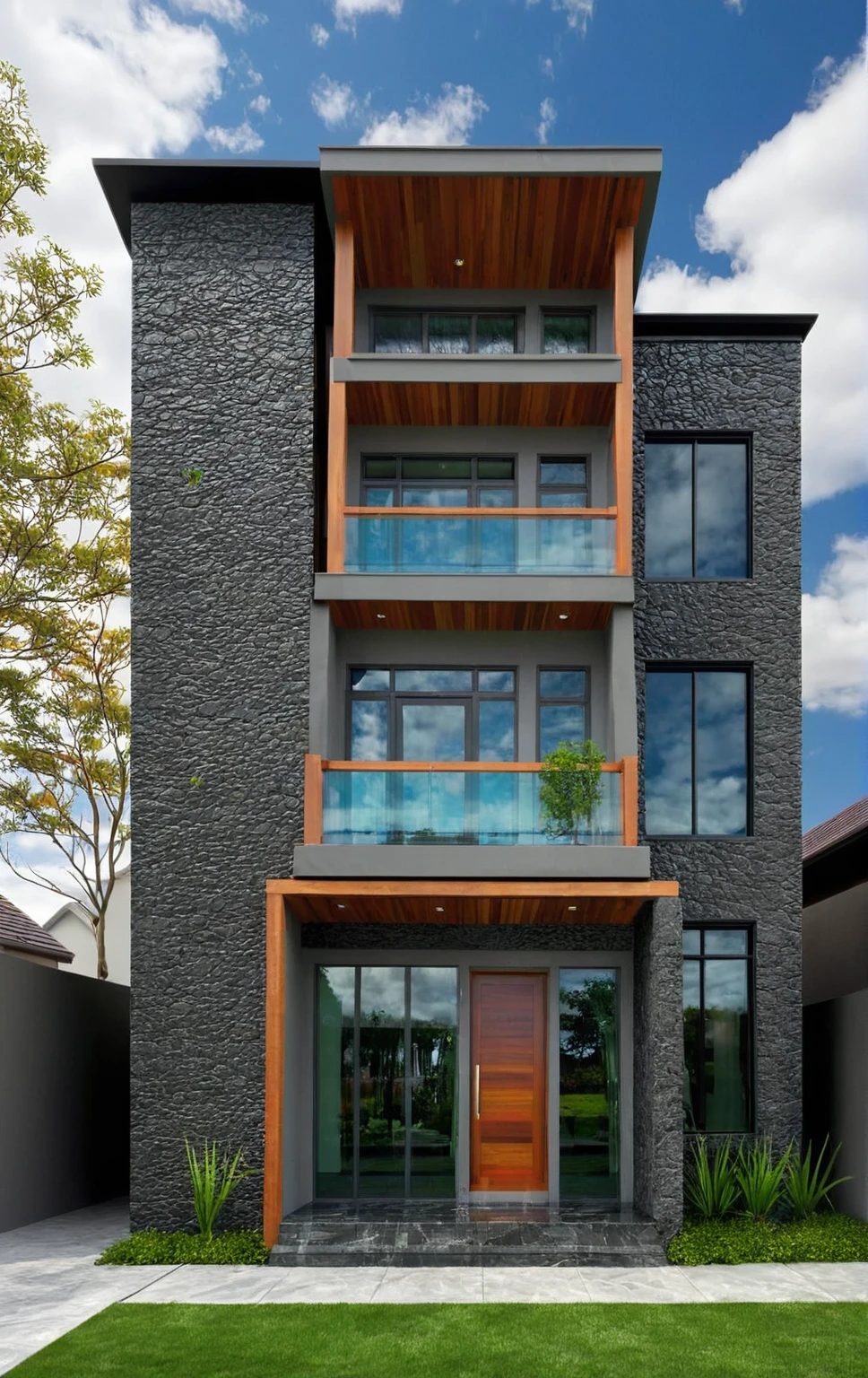 house exterior, modern style, colorful wall, dark granite wall, white ceiling, glass door, glass window, (actual: 1.2), Masterpiece, high quality, best quality, Realistic, super detailed, outdoor, road, sidewalk, grass, trees, sky, clouds, (daylight:1.1)