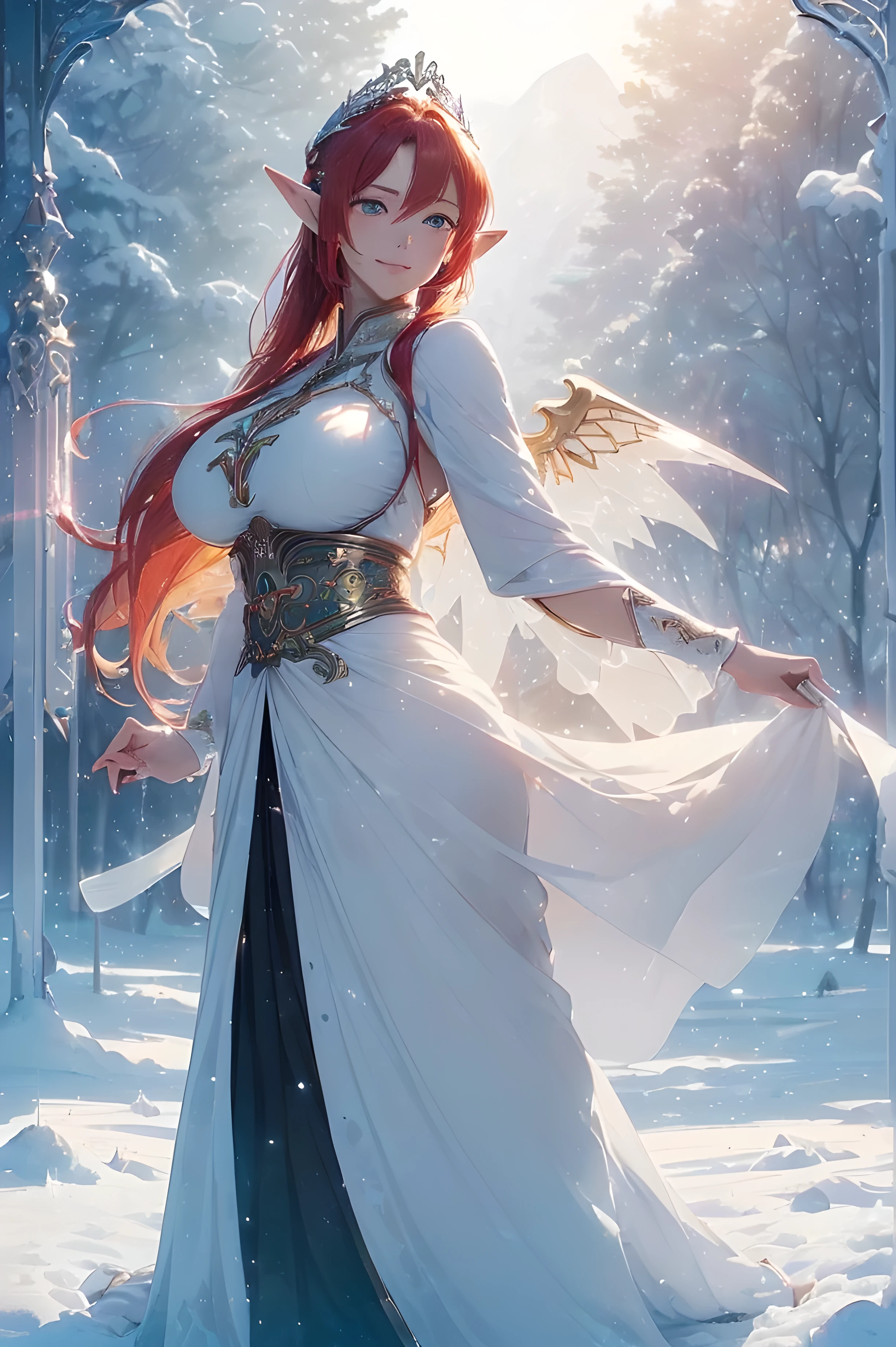 A beautiful woman, legendary, ((((realistic oil art, 46-year-old Empress, vibrant look, ((an elf, with golden hair and pointed ears. The only difference is that she has a pair of huge black and white wings behind her, and she holds a silver-white lance in each hand , dance, modest)), top of the mountain, 1girl, masterpiece, extremely detailed, (beautiful detailed glow), lens flare, red flare lens, sun flare, clouds, backlighting, (blue sky)
, light from behind, shadow on the figure, sparkling snow ,smile, laughter, standing in the distance, looking at the viewer, full-length
, elegance under the sun, hair ornament, movement motion, image look alive, perfect body figure, very big breast, very big ass, beautiful face, milf, royal, red color hair, shine eyes, blue eyes, ponytail long hair style, beautiful skin, Extremely details hair, fine details, cinematic lighting, beautiful lighting effect, creative design, full body frame, divine aura, hard harmony , sun light, perfect color transition, perfect balance of contrast, perfect color layer, perfectly smooth color blur, soft rendering, smooth color stroke, moon glare, optic lens, moonlight ray, soft colors, smooth colors blend, perfect color rendering, harmony, perfect color harmony, beautiful color, soft harmony, light particles, perfect details, intricate details, color prism, fine details, refine details, different view point, extremely details clothes))), Tachibana Omina art style, affectionate eyes, half a smile, slightly open mouth, a gentle expression on his face, serene scenery of  flower under the snow, snow flake floating around, calm, breeze and sunlight, sun, lake, reflection, in the background, butterflies in the sky, realism, ((Best quality))),8k,((Masterpiece)),(Extremely refined and beautiful)