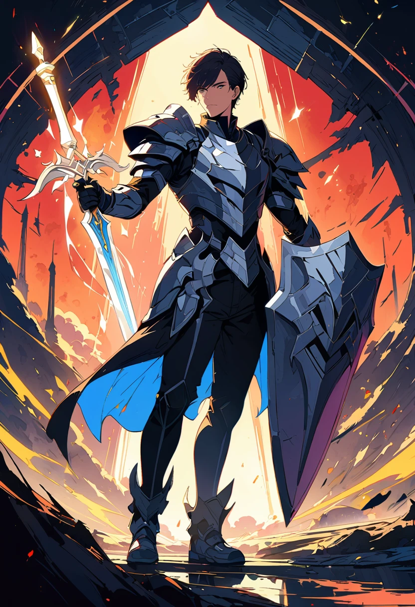 (a ager male knight in cracked sliver armor), handsome, ((he raise a sword that gleaming with shine)), a shield on his hand,a giant fantasy gate church behind him, light from the sky, BREAK silver hair, black hair, gradient hair, full body,chiaroscuro, cinematic lighting, god rays, ray tracing, reflection light, ((close-up)), BREAK,Detailed,Realistic,4k highly detailed digital art,octane render, bioluminescent, BREAK 8K resolution concept art, realism,by Mappa studios,masterpiece,best quality,official art,illustration,ligne claire,(cool_color),perfect composition,absurdres, fantasy,focused,rule of third