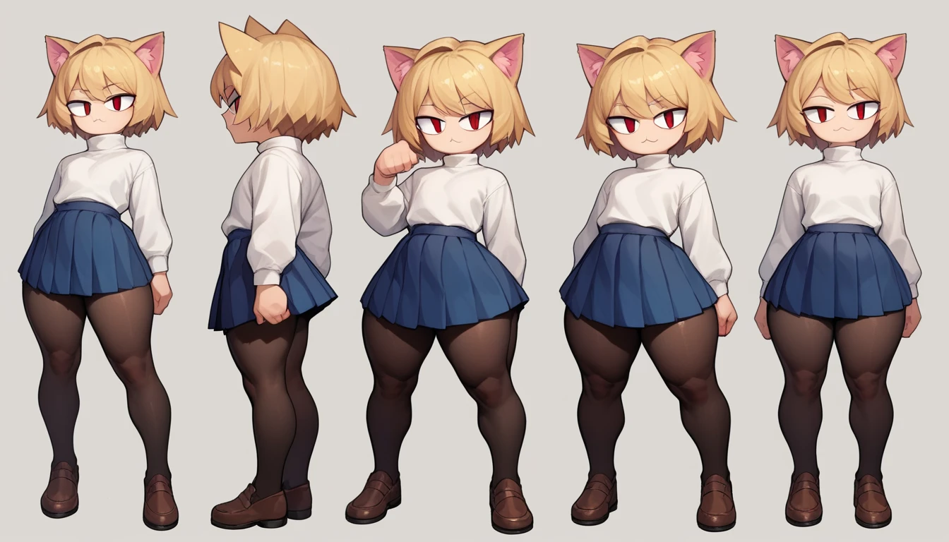 score_9, score_8_up, score_7_up, score_6_up, score_5_up, score_4_up, BREAK, 1boy, solo, necoarc, lit pupils, cat ears, blonde hair, red eyes, :3, turtleneck, blue skirt, pleated skirt, pantyhose, brown footwear, highlight thighs, thick thighs, seductive pose, (dynamic poses), looking at the viewer 