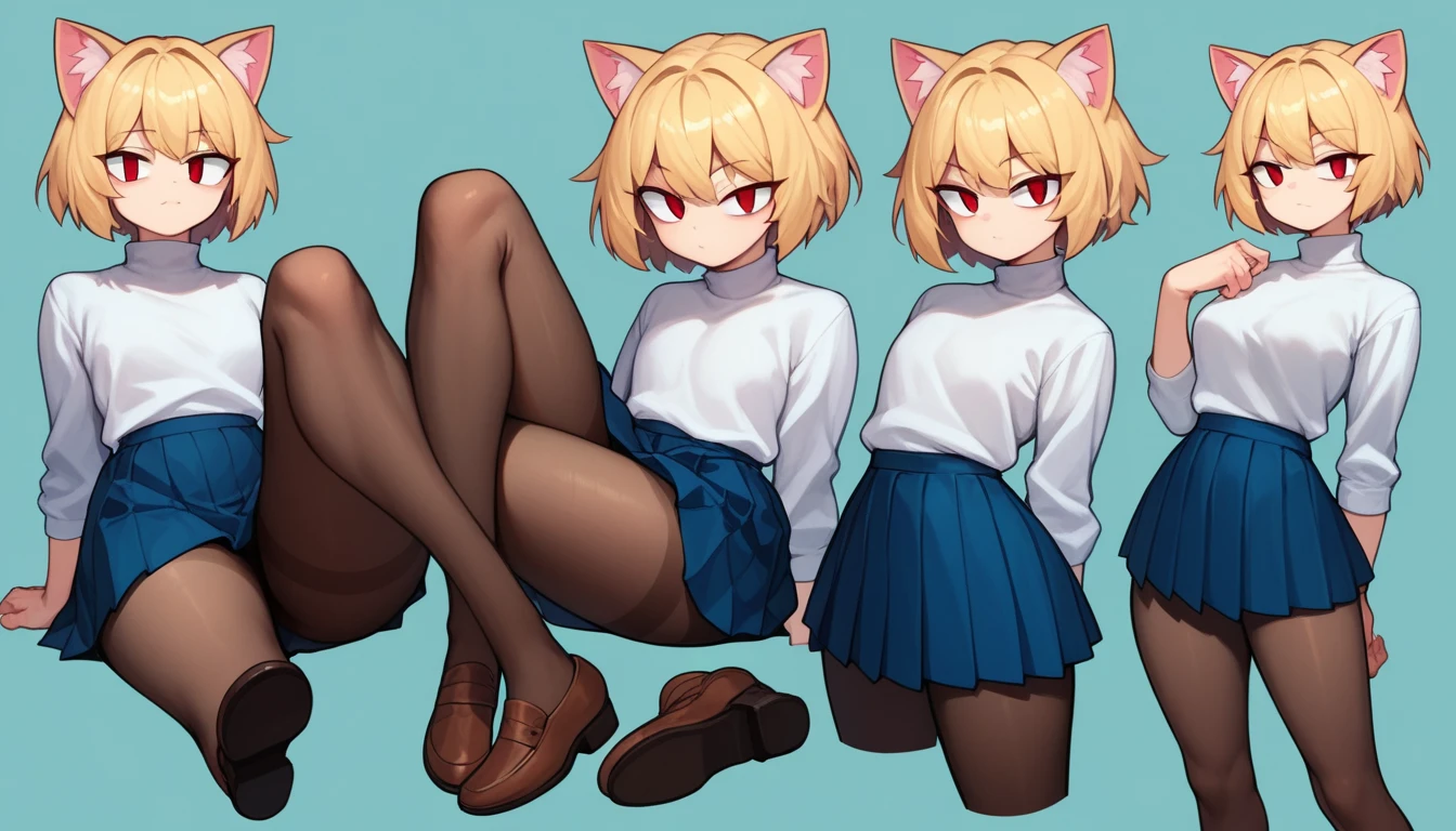 score_9, score_8_up, score_7_up, score_6_up, score_5_up, score_4_up, BREAK, 1boy, solo, necoarc, lit pupils, cat ears, blonde hair, red eyes, :3, turtleneck, blue skirt, pleated skirt, pantyhose, brown footwear, highlight thighs, thick thighs, seductive pose, (dynamic poses), looking at the viewer