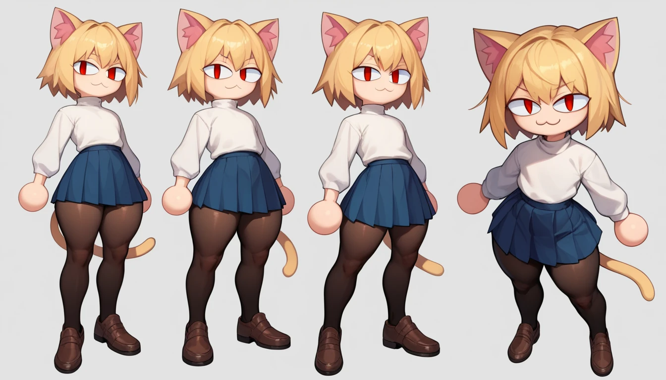 score_9, score_8_up, score_7_up, score_6_up, score_5_up, score_4_up, BREAK, 1boy, solo, necoarc, lit pupils, cat ears, blonde hair, red eyes, :3, turtleneck, blue skirt, pleated skirt, pantyhose, brown footwear, highlight thighs, thick thighs, seductive pose, (dynamic poses), looking at the viewer 