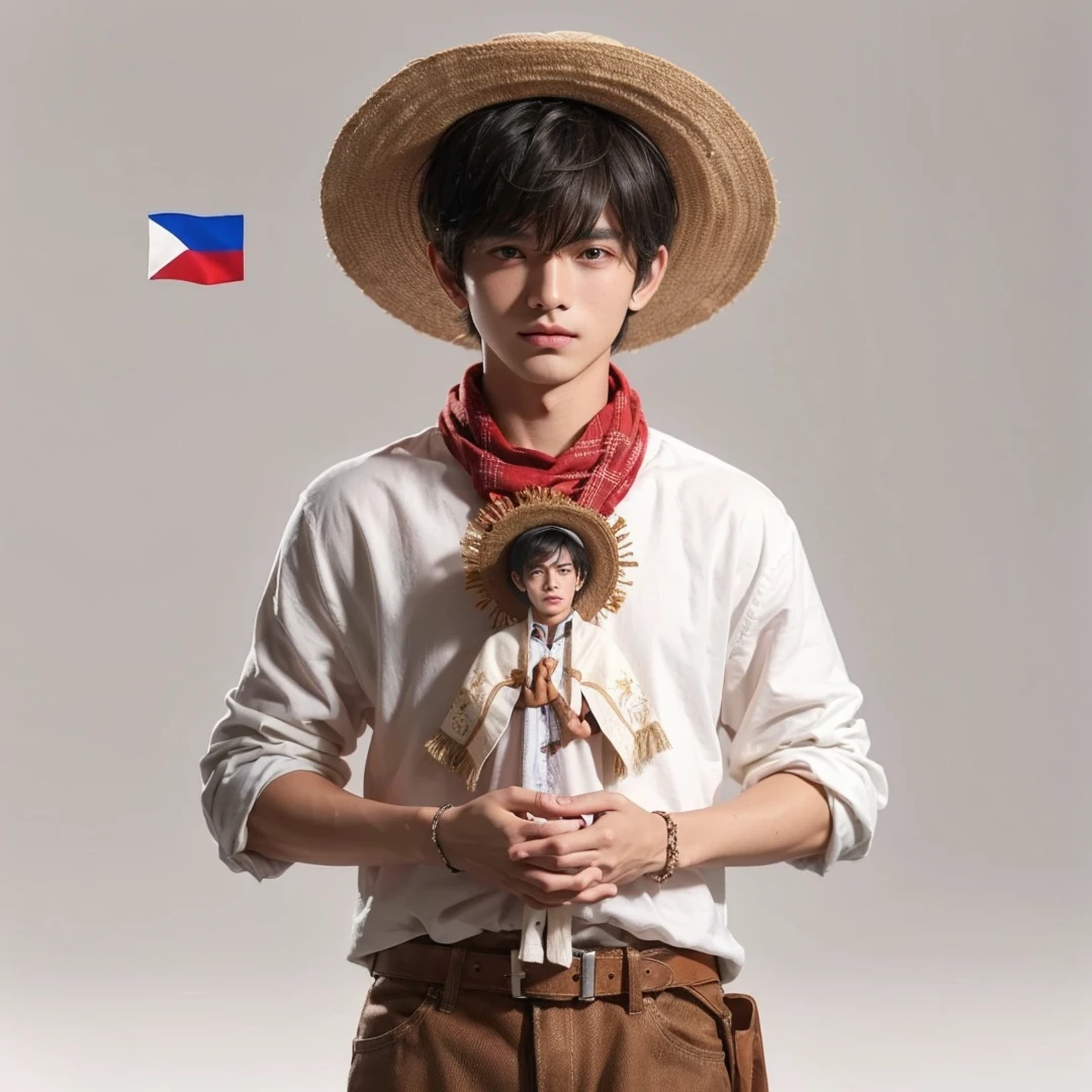 Handsome boy, black hair, brown eyes, brown farmer's hat, white clothe, red handkerchief on neck