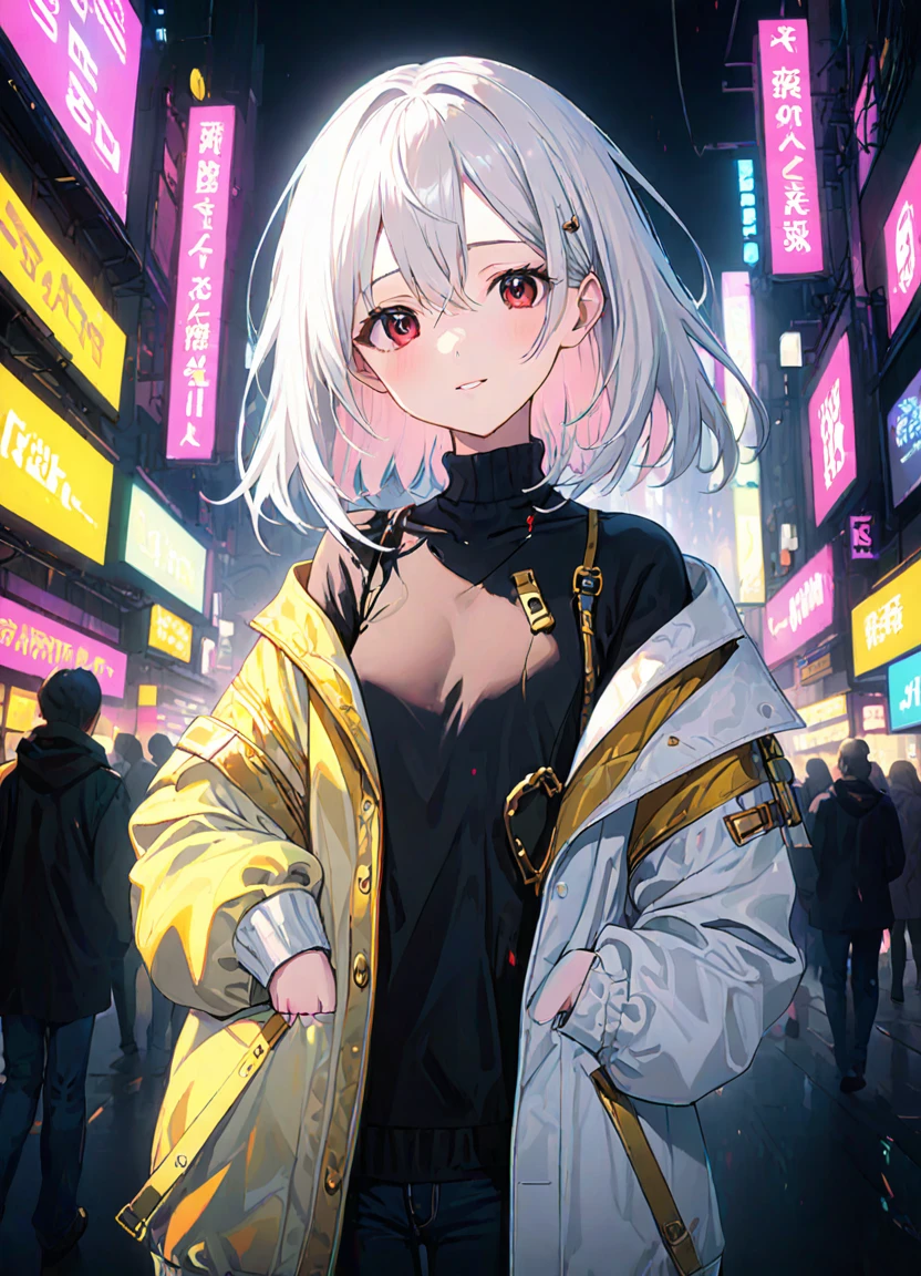 1girl, 15 years old, slim, small breasts, white hair, hairs between eyes, shoulder length hair, pale skin, bright red eye:1.3, white duffle coat and long-sleeve black sweater, open jacket, jeans, gold pocket watches hanging from the neck, BREAK kawaii, smile, cowboy shot, pose, (cyberpunk night city:1.3), neon light, (light particle:1.3), BREAK smooth skin, cinematic lighting, volumetric shadow, BREAK 3D CG illustration, score_9, score_8_up, score_7_up, (masterpiece:1.2), (best quality:1.2), (very aesthetic:1.2), (absurdres:1.2), (detailed background), newest, (intricate:1.2), ai-generated, BREAK