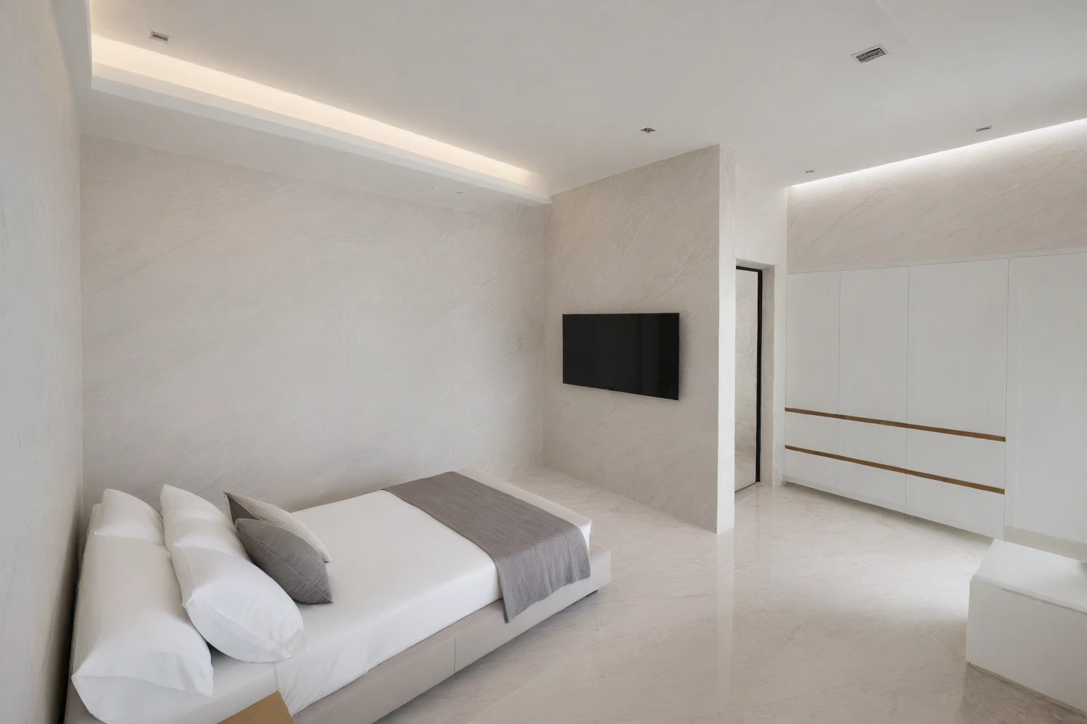 Raw photo,Masterpiece, high quality, best quality, authentic, super detail,
indoors, interior , (( BEDROOM :1.3)), modern style, daylight, (WHITE WALL),luxury, marble tile floor,