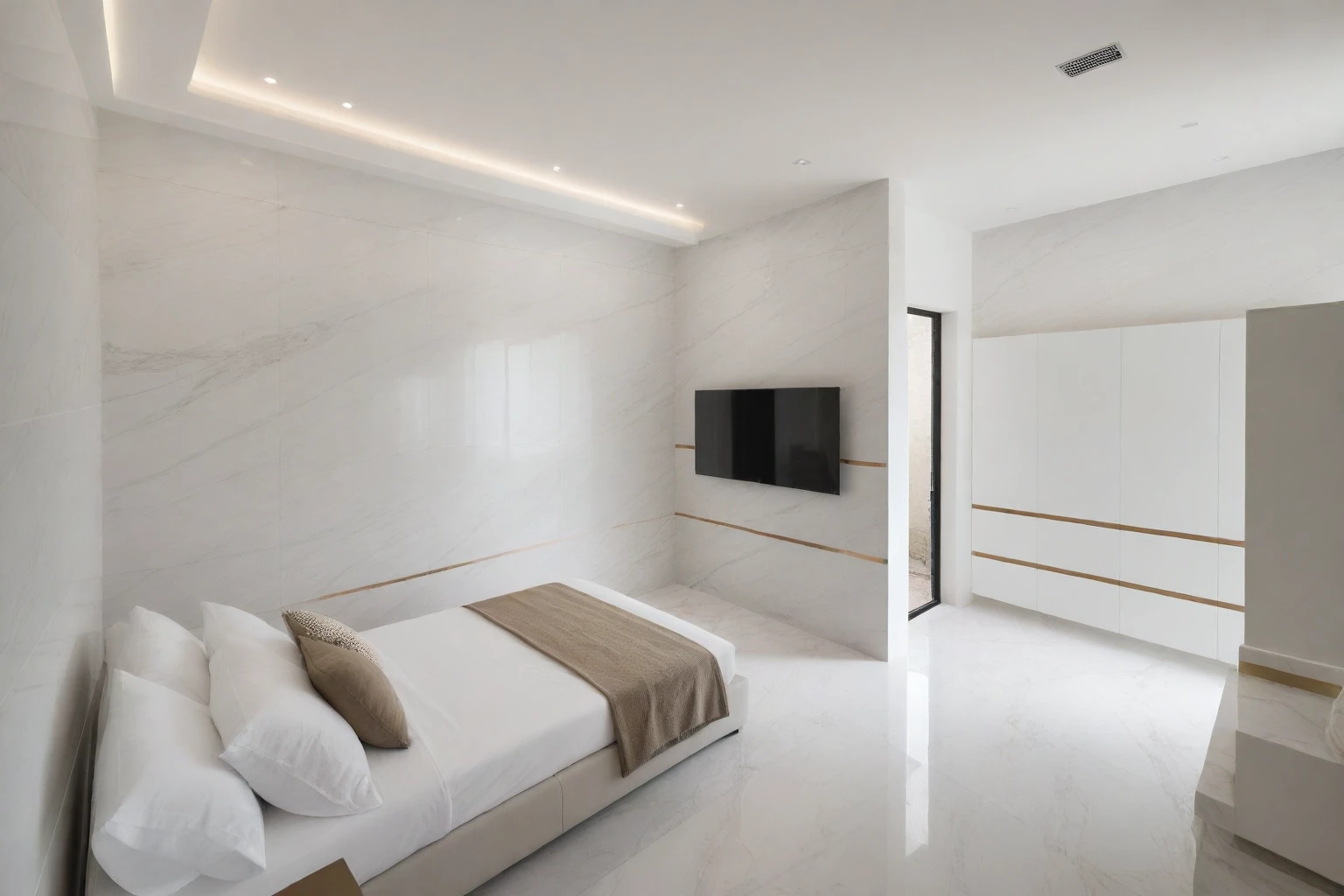 Raw photo,Masterpiece, high quality, best quality, authentic, super detail,
indoors, interior , (( BEDROOM :1.3)), modern style, daylight, (WHITE WALL),luxury, marble tile floor,