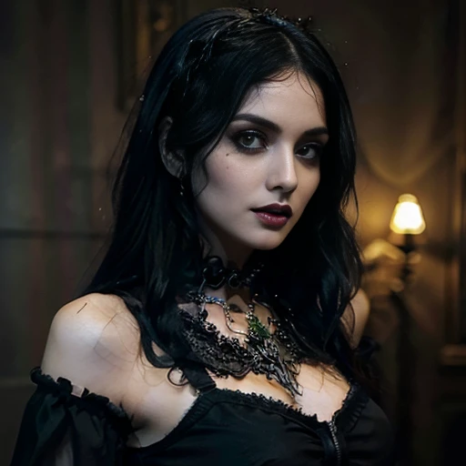 1 woman, European face, European eyes, pretty face, 30 years old, age 30, black long hair, black, green eyes, gothic style, wearing a long black dress, ultra detailed face, hyperrealistic, realistic representation, full body view, gothic style, dancing at a gothic festival