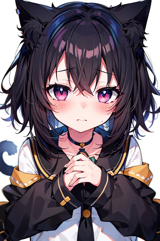Embarrassed face,blush,One girl,前hair,Tilt your head,From above,whole body,black_hair,Cat ear(white),Cat's Tail(white),Frilled Chalk,Long skirt_dress,(Small Tits),pink_eye,My Room,Heart Background