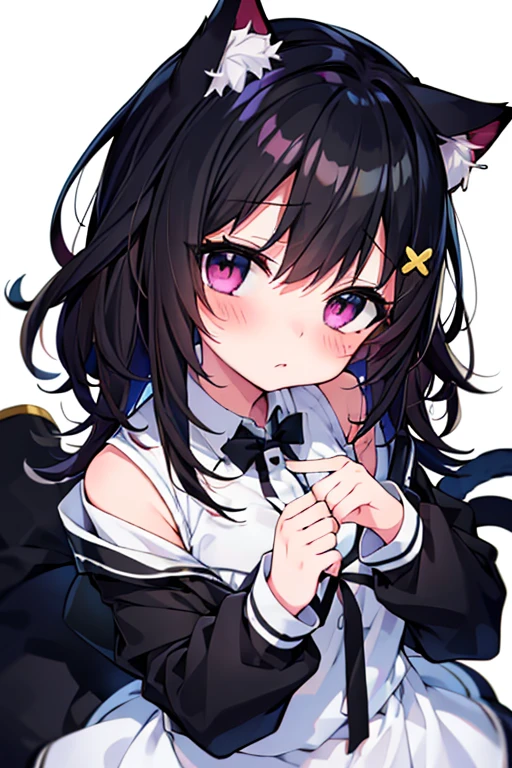 Embarrassed face,blush,One girl,前hair,Tilt your head,From above,whole body,black_hair,Cat ear(white),Cat's Tail(white),Frilled Chalk,Long skirt_dress,(Small Tits),pink_eye,My Room,Heart Background