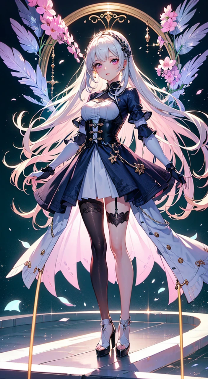 （（masterpiece：1.4，best quality）），（Super detailed），（Extremely detailed eyes），（Shiny socks：1.5），Hello Darkness
（Cute girls），15 years old，（Blood-red pupils，Diamond-shaped pupil：1.15），Purple Eyeshadow，（elongated hair，Thick hair，Single ponytail，shiny hair：1.5）（Changes through：1.2），despair，sad，Empty eyes，tears streaming down my face，tilting its head to the side，
（She wore a blue dress，：1.5），（Black gloves：1.4）Very long plush sleeves，White，White Cloud，Dream bubbles ，Ice and glitter effects
（Black long skirt：1.1），
（（Starry Sky：1.2）），
（Intense black and white：1.16），（Depth of Field：1.4），，Intricate details，(((Detailed background，Castle in the Sky，Purple flowers by the lake)))，(((Huge breasts，Bare breasts，Deep cleavage，White stiletto high heels，Transparent clothes)))