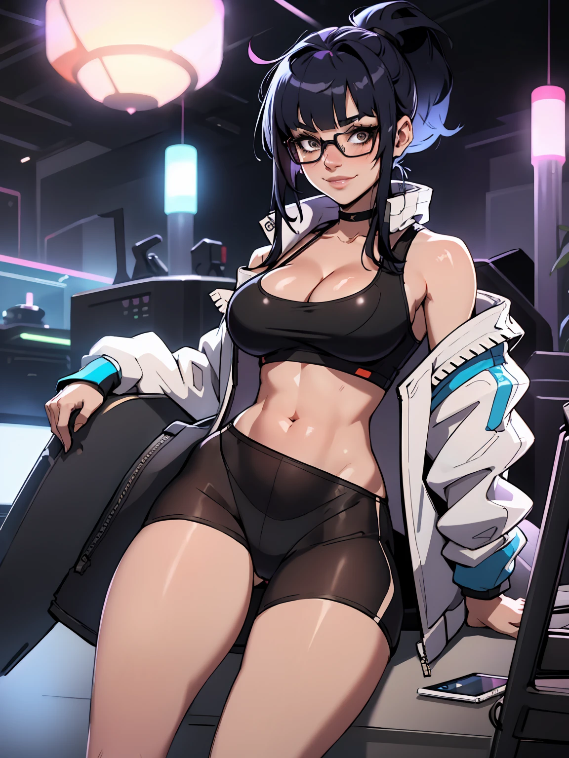 Woman, skinny fit and toned body, thick breasts, cleavage, sci-fi ponytail with bangs, glowing glasses, clear see through jacket, skimpy tank top bra, slutty high rise thong, sexy lounging pose, soft smile, blushing
