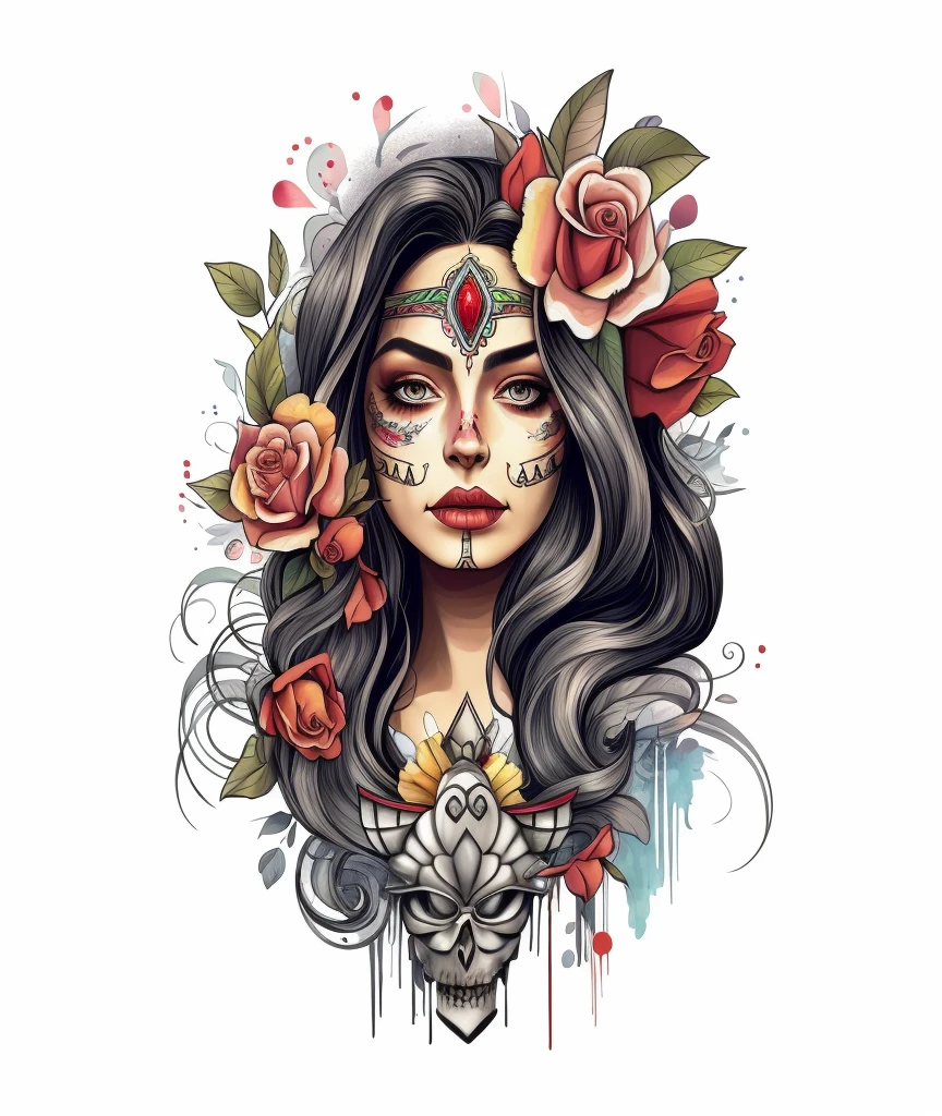 a close-up of a woman with a skull face and flowers, colorful illustration for tattoo, Aztec princess portrait, anime skull portrait woman, colorful digital illustration, Bela arte UHD 4K, in digital illustration style, queen of the dead, by Eddie Mendoza, by Dave Arredondo, detailed digital art in 4k, about detailed art, a Catrina