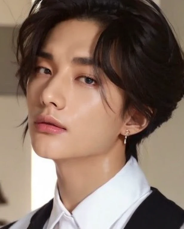 Hwang Hyunjin, black wavy hair, highlighted cheekbones, slightly thick lips and slanted gray eyes.