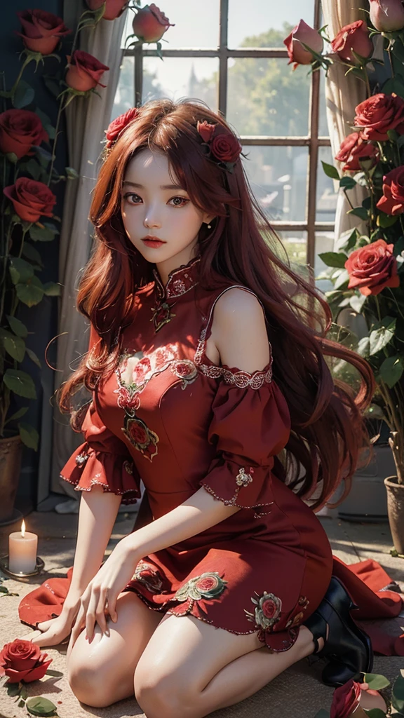 best quality,masterpiece,Ultra-high resolution,(photoactual:1.4),Roses every day(background),14-year-old oriental rose flower demon girl,long red hair,cute eyes,The birth of a beautiful girl,Beautiful red rose dress(Gödelian),Kneeling among roses,