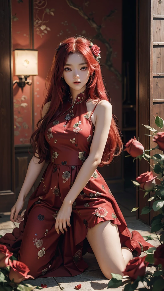 best quality,masterpiece,Ultra-high resolution,(photoactual:1.4),Roses every day(background),-yeld ortal rose flower demon girl,long red hair,cute eyes,The birth of a beautiful girl,Beautiful red rose dress(Gödelian),Kneeling among roses,