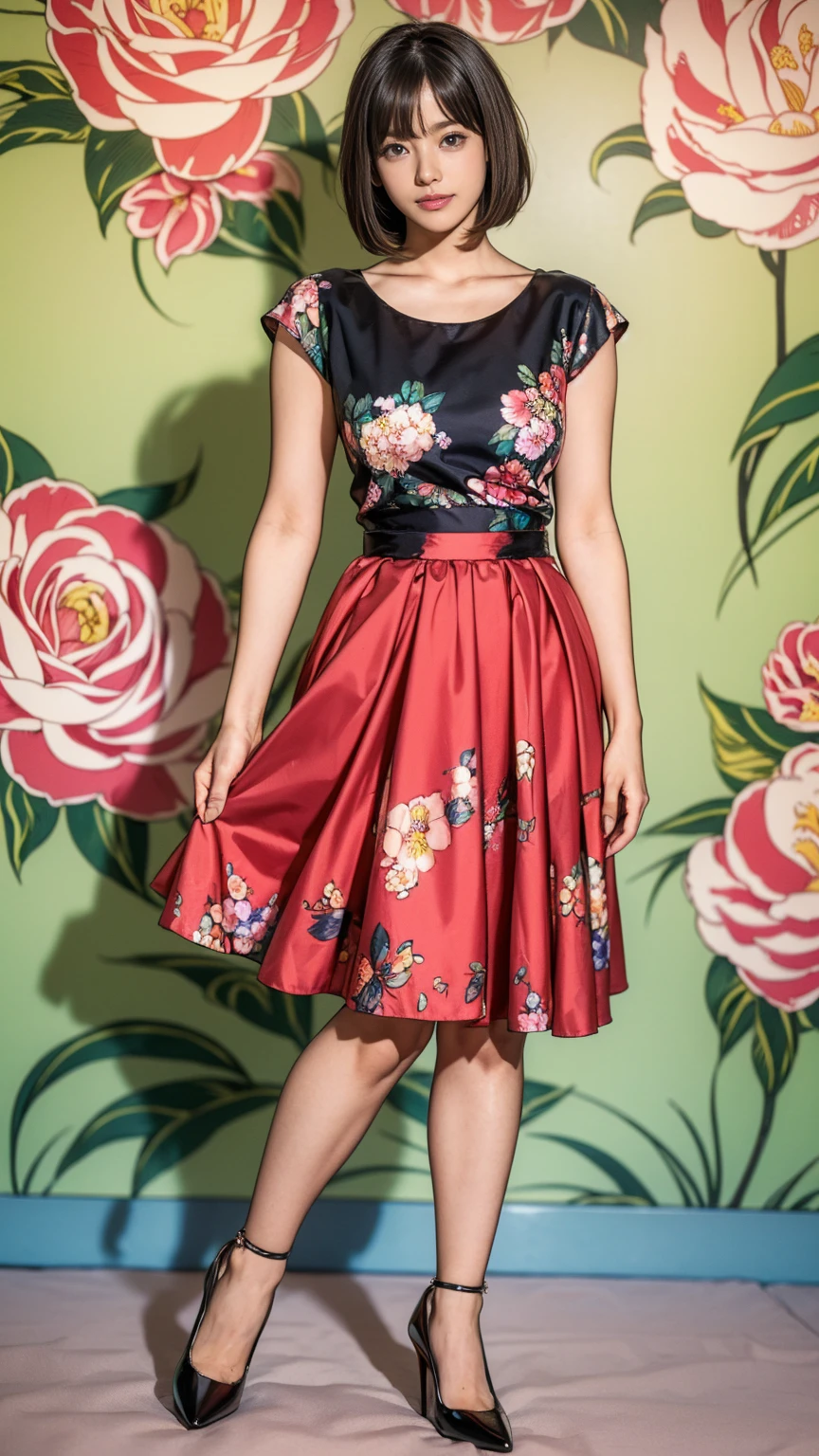 ((masterpiece)),(((Highest quality))),Thin thighs,Long legs,whole body:1.5，(One Girl:1.3),(Black pantyhose and thick pointy heels：1.3),(Wearing a floral print mid-long flared skirt dress:1.2),Short blonde hair:1.2、Model pose，