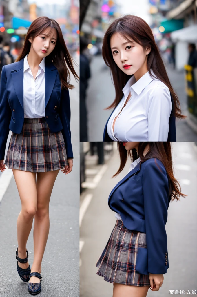 it's just one frame, a 17 year old girl, she is the most beautiful actress in the world, the perfect body proportions of this girl, her clothed large breasts, she is wearing the blazer on the formal shirt, her crotch area of the panties are hardly hidden by short skirt, her bare legs, it's just front of her body, no space between her head and top frame, the lower than her shins are out of bottom frame, she is standing at the city street, nsfw, best quality, highly detailed, masterpiece, ultra high res, photo realistic, 8k, RAW photo