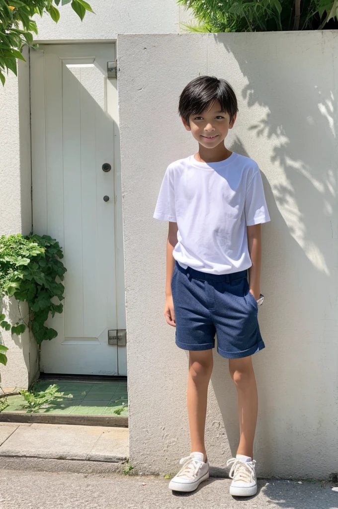 A tanned 11-year-old Japanese boy modeling for a full-body photoshoot in shorts during summer vacation