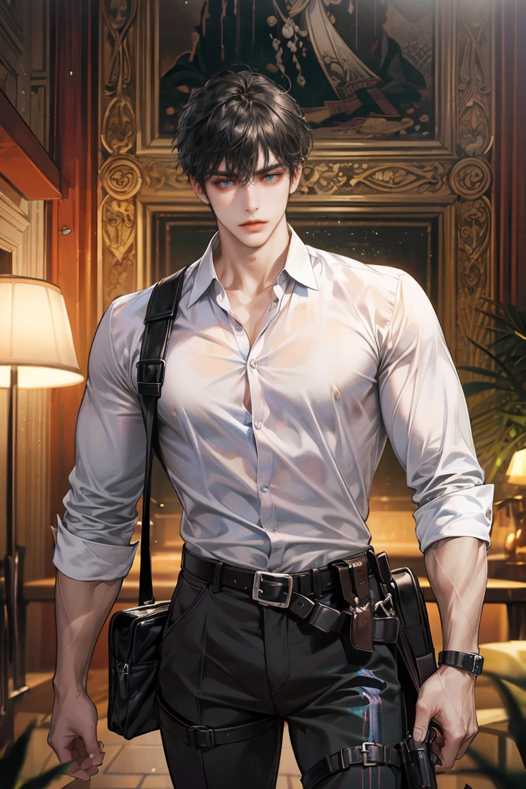 (absurdres, highres, ultra detailed, original character, HDR), 1 russian boy, solo, adult, handsome, ((tall muscular guy, broad shoulders)), finely detailed eyes, (black hair), hair between eyes, turquoise eyes, holographic, futuristic, casual and sexy outfit, gun holster, (body tight white shirt), (large man breasts), ((wearing an earring)), cowboy shot, dutch angle, face focused, modern british colonial room, dystopian hong kong city, indoor, closed mouth, looking at viewer, depth of field, bokeh