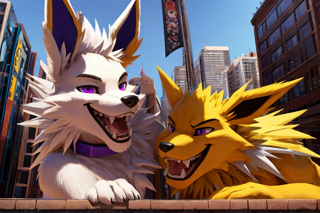 Macro Male Jolteon (pokemon),  smug expression, big teeth, high contrast, 8k HD, detailed, hyper-detailed, furry vore, primary fur yellow, secondary fur white, White mohawk, purple eyes, purple collar, best quality, ultra high res, Bully, Teasing, Flirty