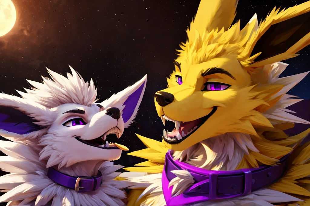 Macro Male Jolteon (pokemon), smug expression, big teeth, high contrast, 8k HD, detailed, hyper-detailed, furry vore, primary fur yellow, secondary fur white, White mohawk, purple eyes, purple collar, best quality, ultra high res, Bully, Teasing, Flirty