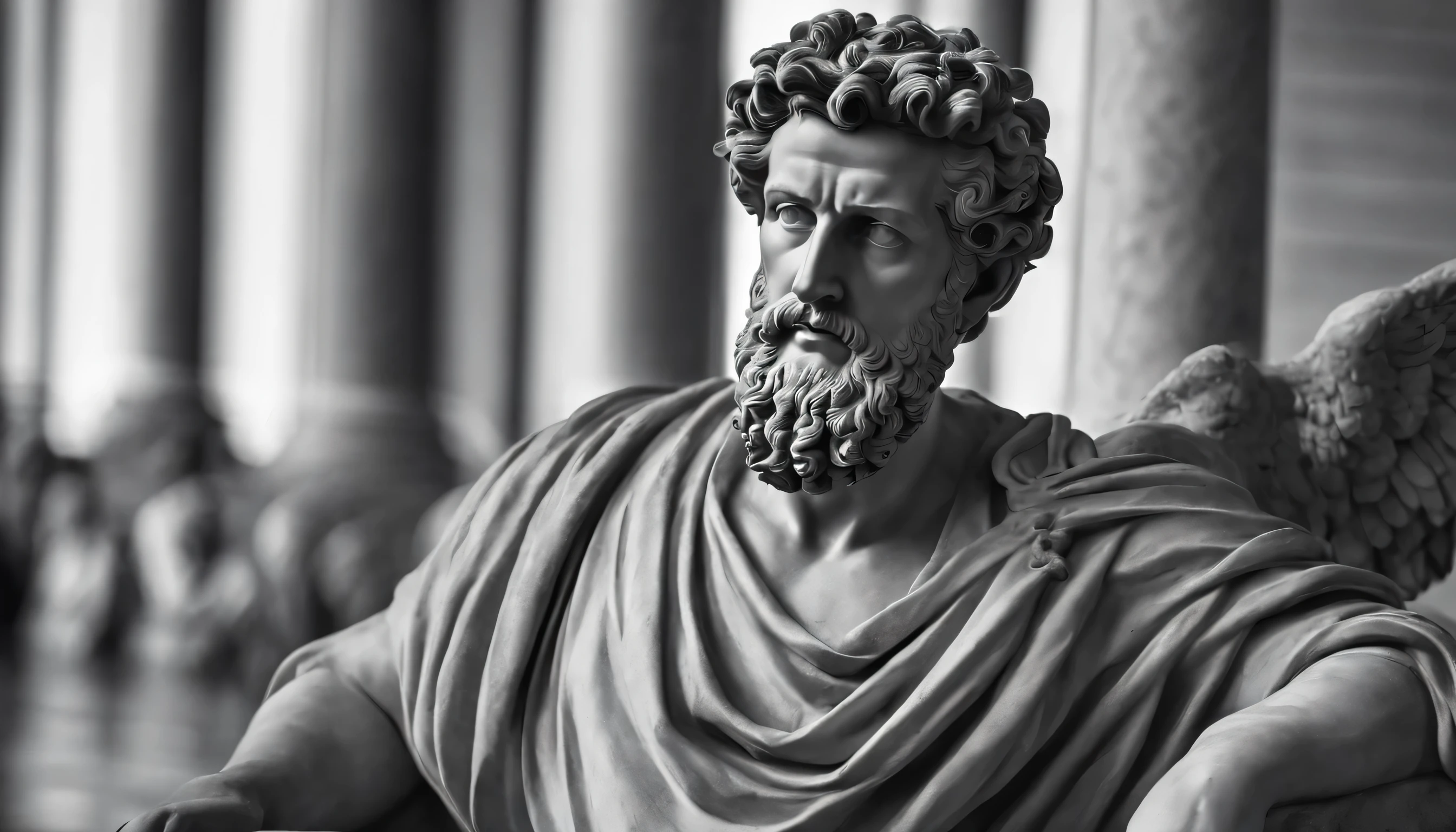 une statue du stoïque Marc Aurèle en noir et blanc 4K, fond d&#39;écran super réaliste, SANS CHEMISE, corps fort,ventre fort, tout le corps,