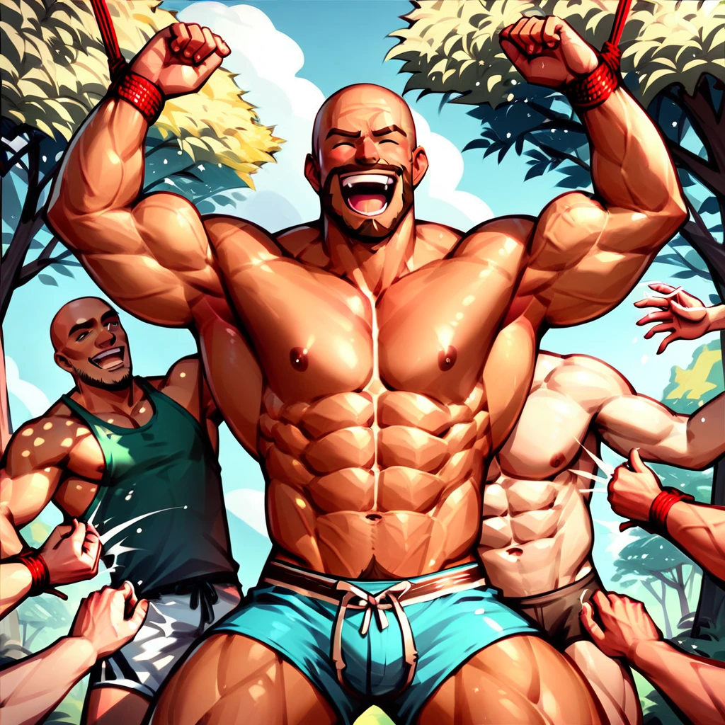 Handsome muscular shirtless bald brown bearded man laughing tied in strappado bondage position laughing, abs touched and tickled by group of handsome muscular lumberjacks, abs tickling, armpits scratched and tickled, armpit tickling, forest background