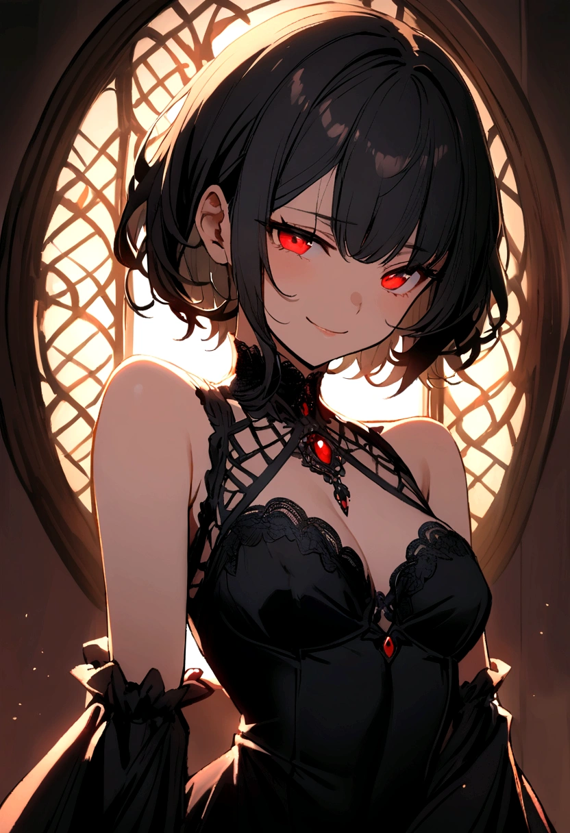 masterpiece:1.2, 1 woman, 20 years, dark souls style, woman in gown, Cinematic goddess close-up, cinematic lighting, (Best lighting) huge breasts, black hair, shadows, massive breatsss, SFW, covered, milf, seductive look, smile, mole, looking at viewer, extremely detailed, fine art, coloured. clothes, red eyes, dress, teacher, fantasy, sole woman, lookingup at viewer