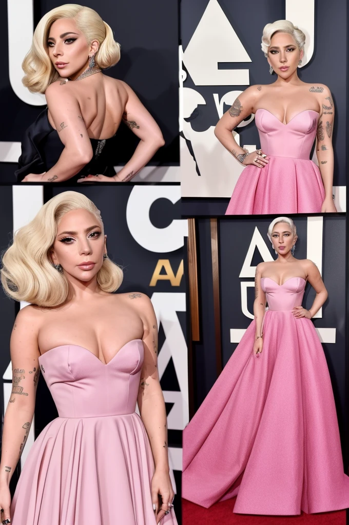 Lady Gaga puts on beautiful makeup, wears a pink evening gown, and poses elegantly