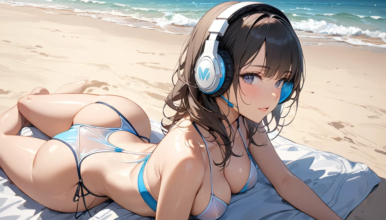 ((Top Quality)), ((Masterpiece)), ((Details)), perfect face, perfect body, sitting on the beach, listening to music, wearing headphones, wearing swimsuit, swimsuit transparent, tight with buttocks and breasts exposed Woman with clothes on and face visible