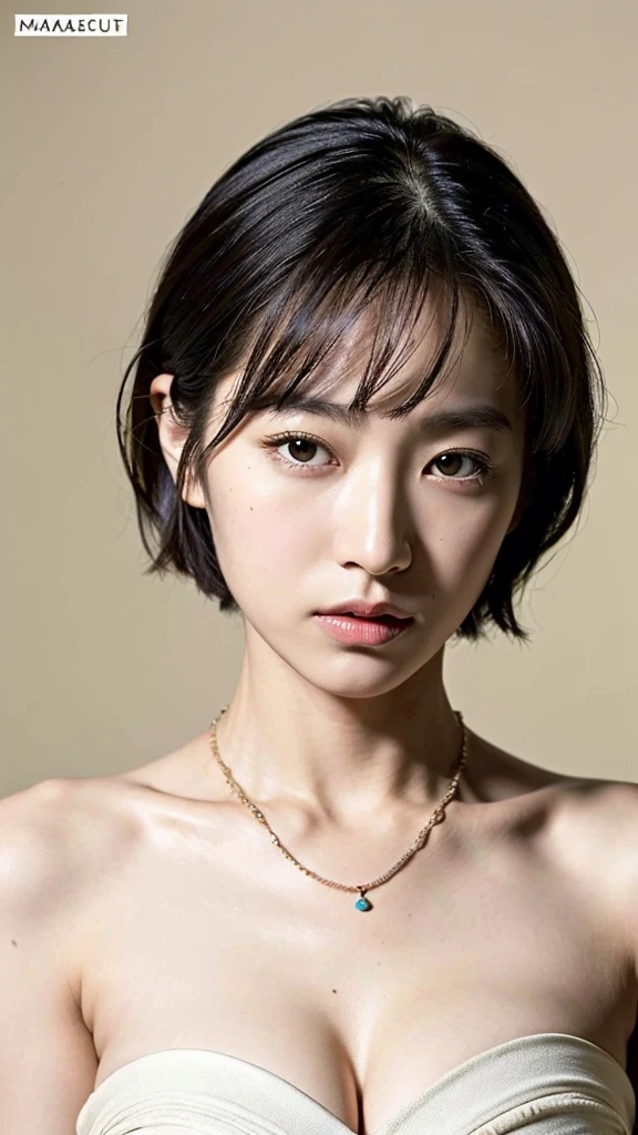 (((最高masterpiece))),(Highest quality, 8K, 32k, masterpiece, Ultra-high resolution:1.2),Beautiful Japanese Women Photos, Large Breasts, Very short bob hair,Upper Body,Face Focus,necklace, Simple Background, From above, View your viewers,Put your hands on your cheeks,Worried about nasolabial folds,40s