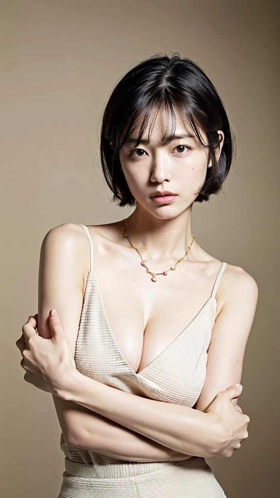 (((最高masterpiece))),(Highest quality, 8K, 32k, masterpiece, Ultra-high resolution:1.2),Beautiful Japanese Women Photos, Large Breasts, Very short bob hair,Upper Body,Face Focus,necklace, Simple Background, From above, View your viewers,Put your hands on your cheeks,Worried about nasolabial folds,40s