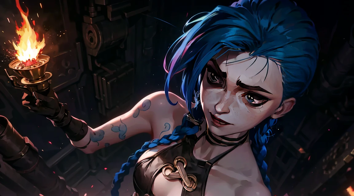 (masterpiece, Best quality), 1 girl, portrait, very sexy, crazy look, smile, crying, pink tears, tears on the cheeks, tears from eyes, full length (full body 1.1.), очень feminine, fighting stance, battle, fire, explosions, burning city, Beautiful waist, gloomy composition, flame, fire, Flash, very beautiful, feminine, long hair, hair braided in long braids, very sexy, tight leather pants, emphasis on the eyes, emphasis on the face, Beautiful face, Hands, Hair, Haired ponytail, red purple eyes, Джинкс crying, Blue cloud tattoo, (masterpiece, Best quality), Side lighting, beautiful detailed eyes, crazy face), (Best quality), (masterpiece), magic photography, Spectacular lighting, Photorealism, ultra detailed, интимная portraitная композиция, 1. 4,8 k UHD, aesthetic, Cd., A high resolution, 8 k, better lighting, Best shade, Ultra-HD, A high resolution, sharp focus, Complex background, Cinematic lighting, ((Landscape view)), 4K block, (better lighting), ((Cinematic lighting)),