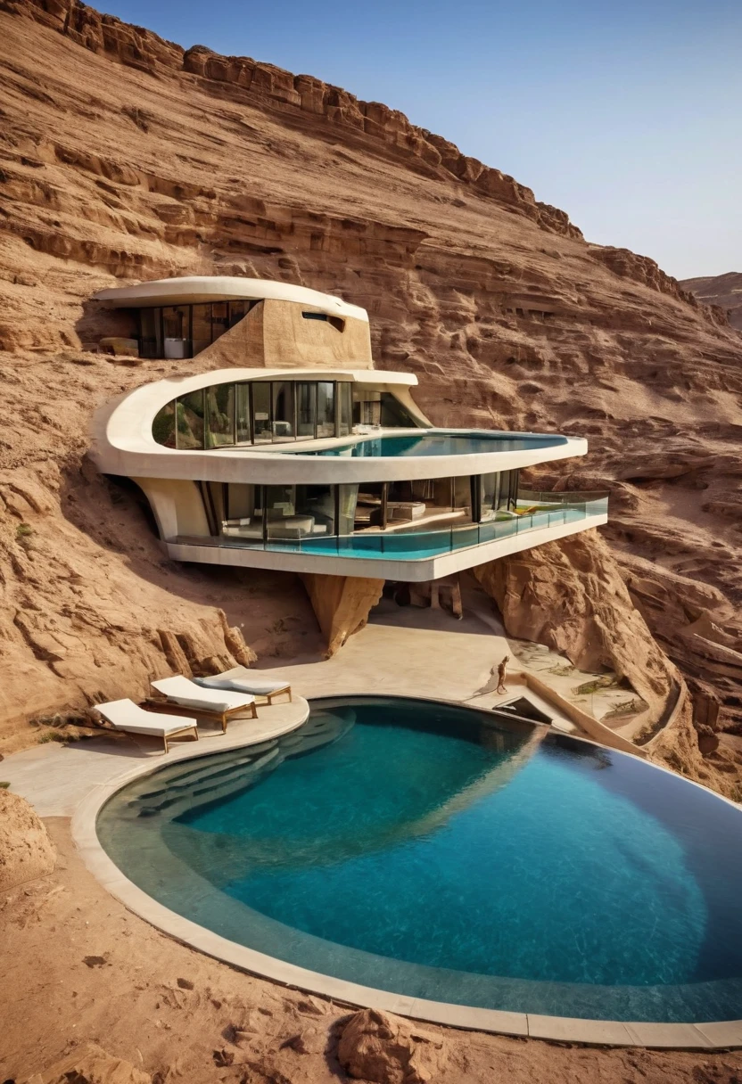 a view of a house on a cliff with a pool in the middle, built in the egyptian desert, futuristic in the desert, desert oasis, oasis in the desert, in a futuristic desert palace, unique architecture!, incredibly beautiful, desert setting, stunning architecture, very close to real nature, hillside desert pavilion, martian architecture, incredible masterpiece, stunning view, luxury architecture