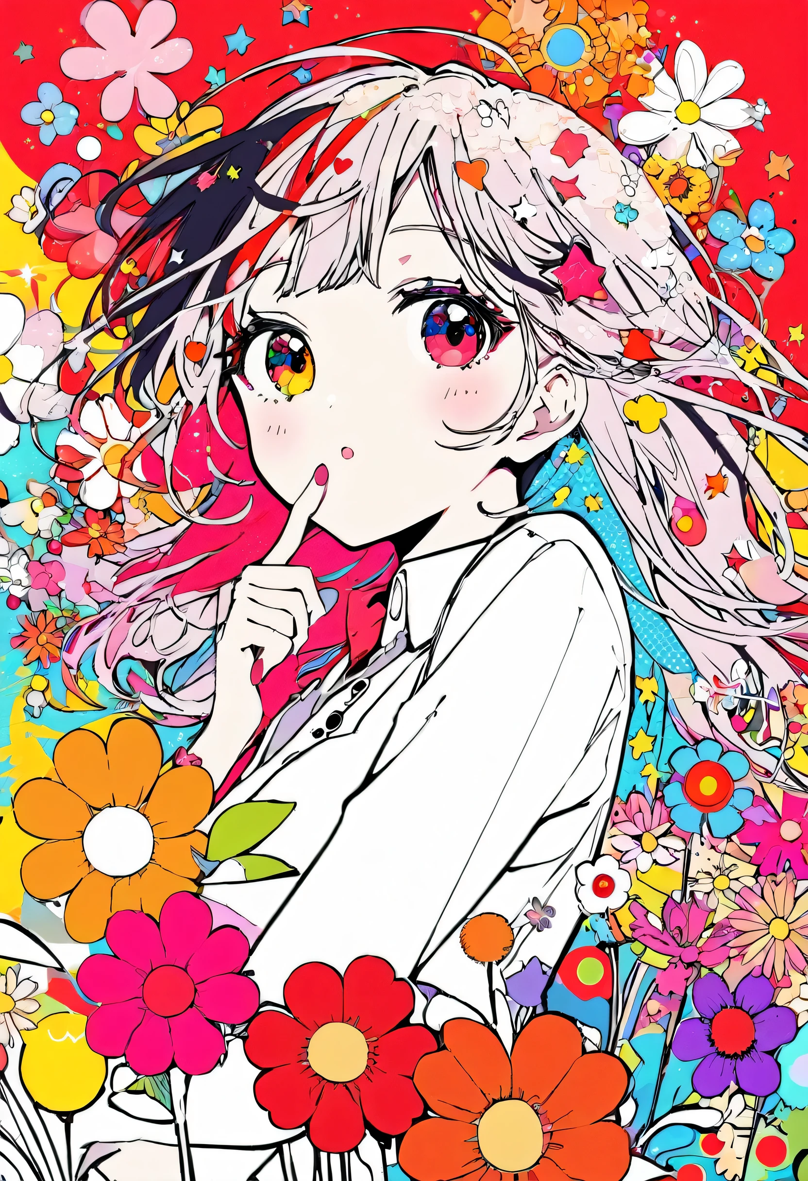 Black Star Red and White style, Simple Line Initialism,Abstract art,Urban Background, colorful flowers ,(((The most beautiful girl of all time))), Sweet face, Lips in love, background pastel colored dots, pop art