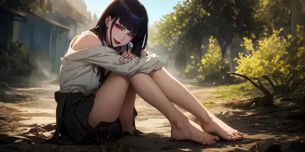 senjumaru shutara, (long hair, bangs, blunt bangs, black hair, sidelocks:1.5), (black eyes:1.5), makeup, lipstick, red lipstick, sweating, glowing eyes, heavy breathing, female focus, 1girl, barefoot, feet, skirt, breasts, outdoors, looking_at_viewer, tree, bare_legs, sitting, solo, large_breasts, black_skirt, mole, legs, bare_shoulders, toes, jewelry, thighs, shirt, earrings, off_shoulder, sidelocks, bush, day, long_sleeves, leg_hug, mole_under_eye, pleated_skirt, mole_under_mouth, "glow effects, godrays, Hand drawn, render, 8k, octane render, cinema 4d, blender, dark, atmospheric 4k ultra detailed, cinematic, Sharp focus, big depth of field, Masterpiece, colors, 3d octane render, 4k, concept art, trending on artstation, hyperrealistic, Vivid colors, extremely detailed CG unity 8k wallpaper, trending on CGSociety, Intricate, High Detail, dramatic", anime coloring, anime screencap, sweating, steaming body, fog, hollow eyes, bright pupils, brown eyes, looking at viewer. glowing eyes, heavy breathing, seductive smile, makeup, upper teeth,