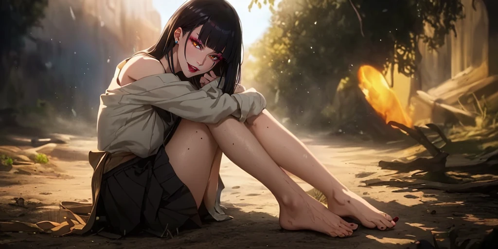 senjumaru shutara, (long hair, bangs, blunt bangs, black hair, sidelocks:1.5), (black eyes:1.5), makeup, lipstick, red lipstick, sweating, glowing eyes, heavy breathing, female focus, 1girl, barefoot, feet, skirt, breasts, outdoors, looking_at_viewer, tree, bare_legs, sitting, solo, large_breasts, black_skirt, mole, legs, bare_shoulders, toes, jewelry, thighs, shirt, earrings, off_shoulder, sidelocks, bush, day, long_sleeves, leg_hug, mole_under_eye, pleated_skirt, mole_under_mouth, "glow effects, godrays, Hand drawn, render, 8k, octane render, cinema 4d, blender, dark, atmospheric 4k ultra detailed, cinematic, Sharp focus, big depth of field, Masterpiece, colors, 3d octane render, 4k, concept art, trending on artstation, hyperrealistic, Vivid colors, extremely detailed CG unity 8k wallpaper, trending on CGSociety, Intricate, High Detail, dramatic", anime coloring, anime screencap, sweating, steaming body, fog, hollow eyes, bright pupils, brown eyes, looking at viewer. glowing eyes, heavy breathing, seductive smile, makeup, upper teeth,