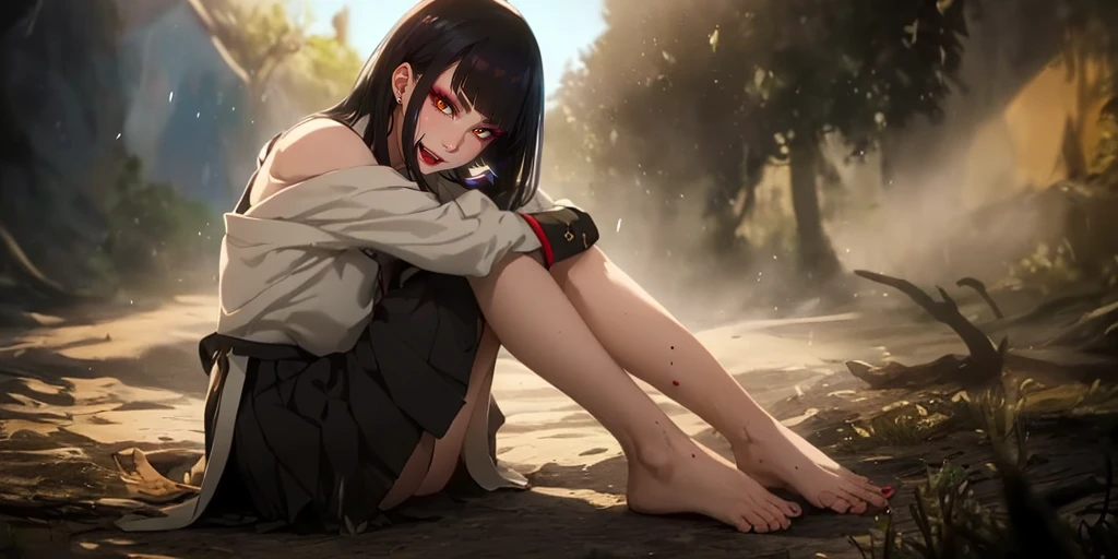 senjumaru shutara, (long hair, bangs, blunt bangs, black hair, sidelocks:1.5), (black eyes:1.5), makeup, lipstick, red lipstick, sweating, glowing eyes, heavy breathing, female focus, 1girl, barefoot, feet, skirt, breasts, outdoors, looking_at_viewer, tree, bare_legs, sitting, solo, large_breasts, black_skirt, mole, legs, bare_shoulders, toes, jewelry, thighs, shirt, earrings, off_shoulder, sidelocks, bush, day, long_sleeves, leg_hug, mole_under_eye, pleated_skirt, mole_under_mouth, "glow effects, godrays, Hand drawn, render, 8k, octane render, cinema 4d, blender, dark, atmospheric 4k ultra detailed, cinematic, Sharp focus, big depth of field, Masterpiece, colors, 3d octane render, 4k, concept art, trending on artstation, hyperrealistic, Vivid colors, extremely detailed CG unity 8k wallpaper, trending on CGSociety, Intricate, High Detail, dramatic", anime coloring, anime screencap, sweating, steaming body, fog, hollow eyes, bright pupils, brown eyes, looking at viewer. glowing eyes, heavy breathing, seductive smile, makeup, upper teeth,