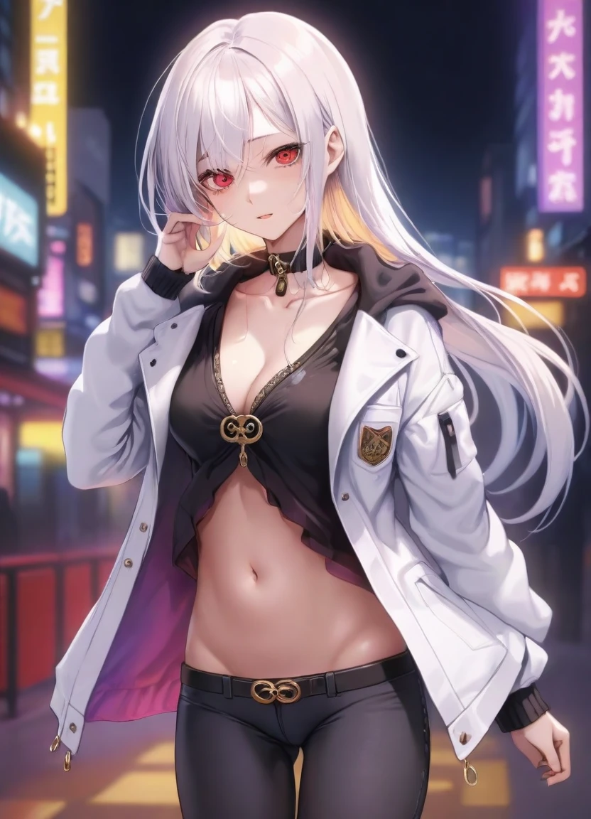 1girl, 15 years old, slim, small breasts, white hair, hairs between eyes, shoulder length hair, pale skin, bright red eye:1.3, white duffle coat and long-sleeve black sweater, open jacket, jeans, gold pocket watches hanging from the neck, BREAK kawaii, smile, cowboy shot, pose, (cyberpunk night city:1.3), neon light, (light particle:1.3), BREAK smooth skin, cinematic lighting, volumetric shadow, BREAK 3D CG illustration, score_9, score_8_up, score_7_up, (masterpiece:1.2), (best quality:1.2), (very aesthetic:1.2), (absurdres:1.2), (detailed background), newest, (intricate:1.2), ai-generated, BREAK