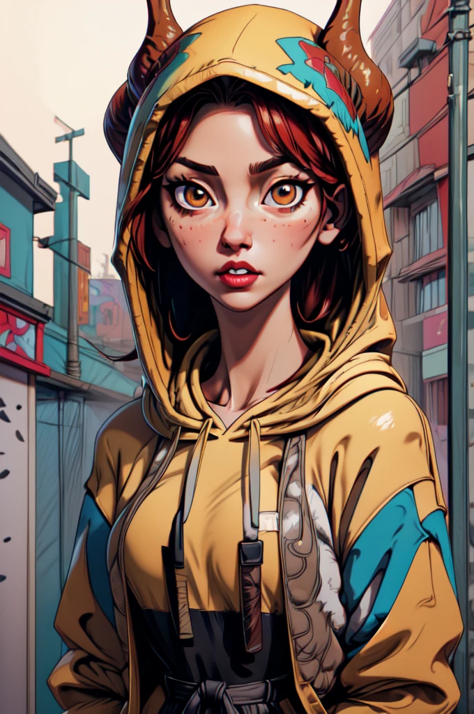 portrait of a woman wearing Hooded pullover sweatshirt with a kangaroo pocket. with Elongated Gazelle Horns, (solo), street_tones, masterpiece, 8k, high resolution, shallow depth of field, sharp focus