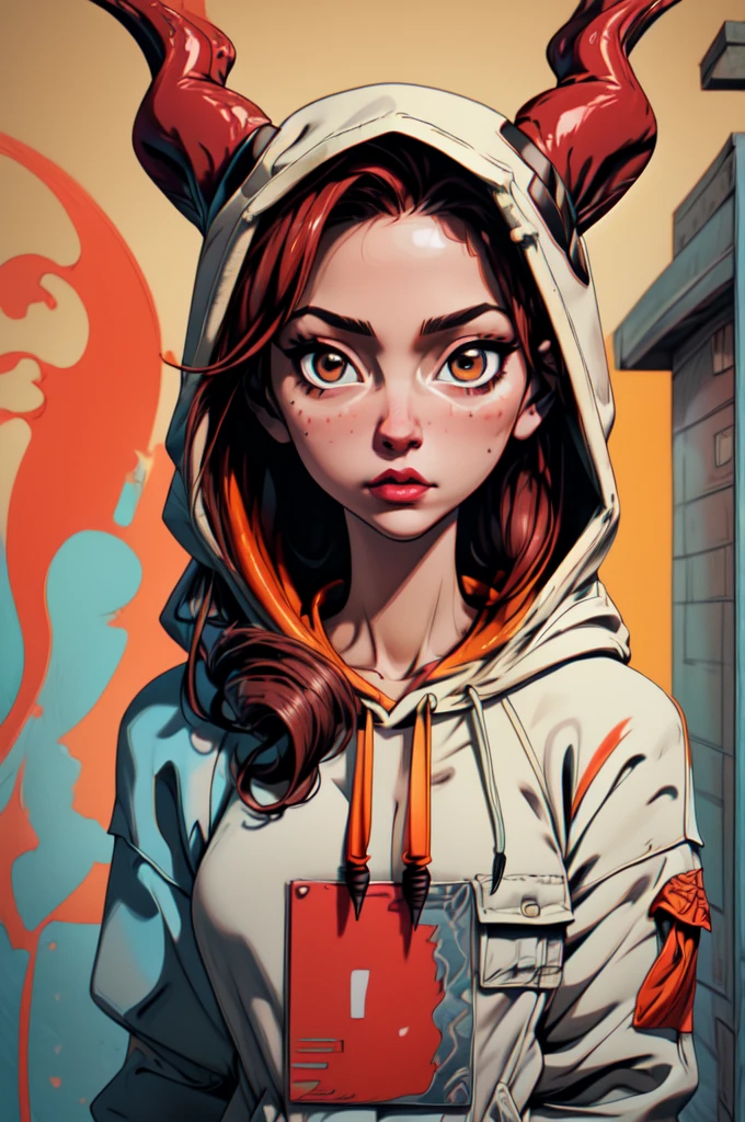 portrait of a woman wearing Hooded pullover sweatshirt with a kangaroo pocket. with Elongated Gazelle Horns, (solo), street_tones, masterpiece, 8k, high resolution, shallow depth of field, sharp focus