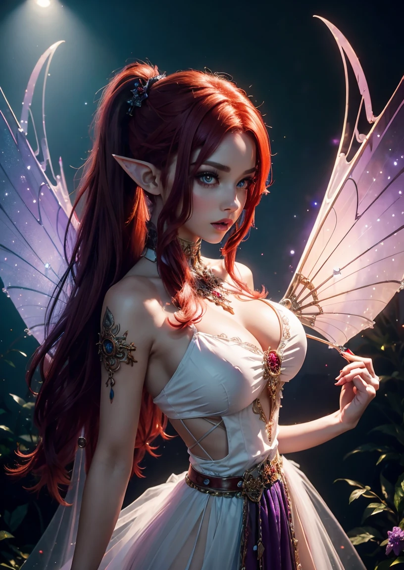 oil painting, a female fairy with red hair , purple eyes , elf ears, red hair styled in a pony tail, translucent colorful fairy wings, wearing a white dress with purple detailing, ornate, high detail, panned out view, Gloomy Illumination, dramatic, Glow effects, (dark fantasy:1. 1), [style of John Blanche, style of Ed Binkley, style of Amy Brown], 16k, UHD, HDR, (Masterpiece:1. 5), (best quality:1. 5)