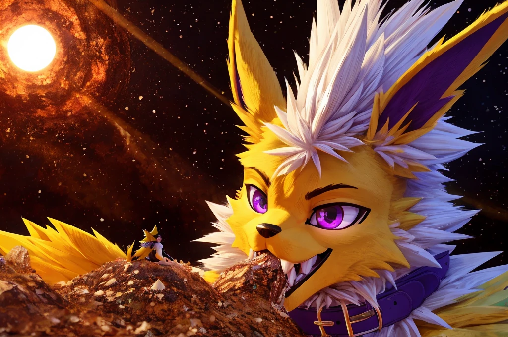 Macro Male Jolteon (pokemon), smug expression, big teeth, high contrast, 8k HD, detailed, hyper-detailed, furry vore, primary fur yellow, secondary fur white, White mohawk, purple eyes, purple collar, best quality, ultra high res, Bully, Teasing, Flirty, Eating Tiny People