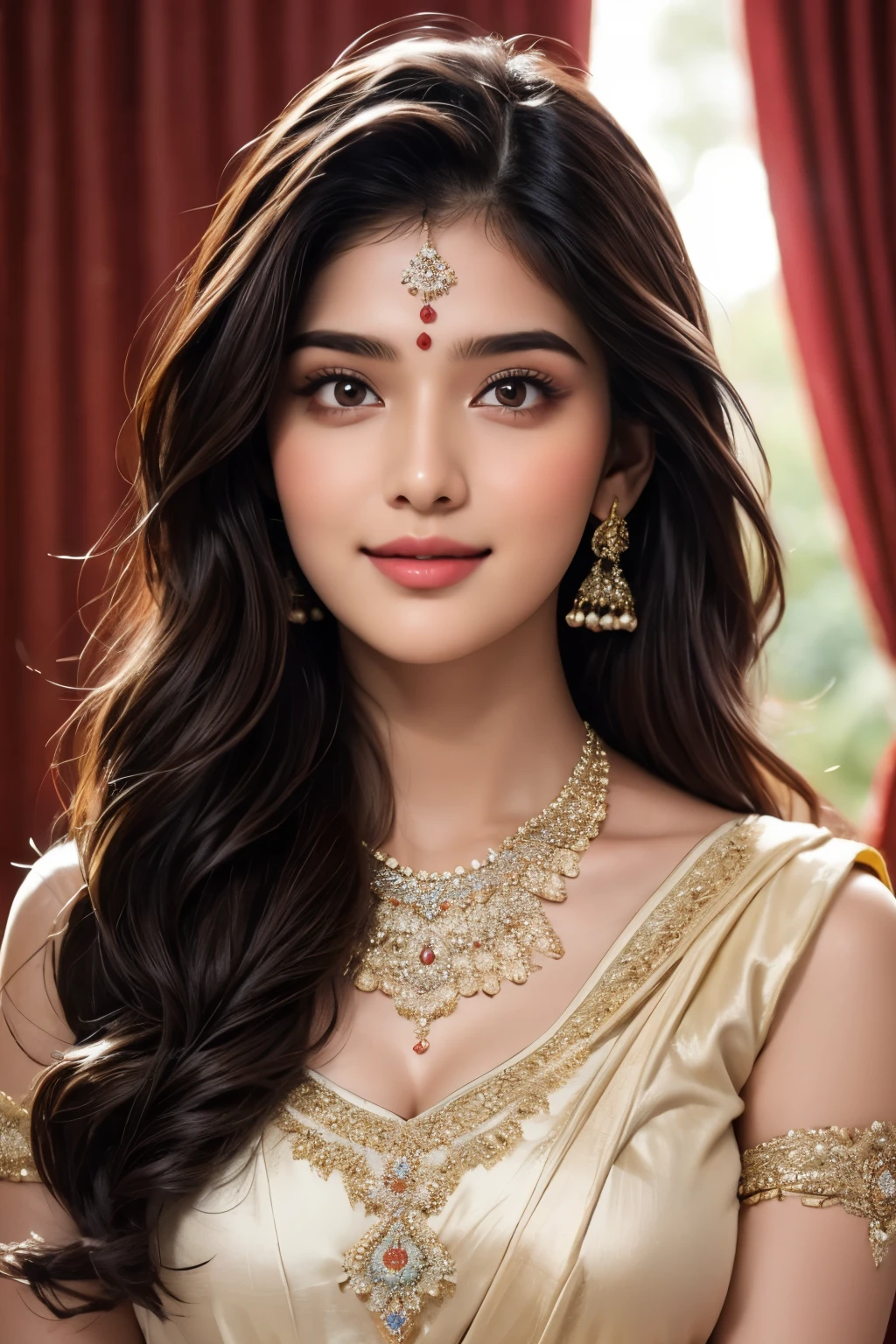 22 year old Indian women, (ultra detailed perfect symmetrical face, eyes, nose:1.5), wearing beautiful traditional indian wedding  dress, with bridal jewellery,  long black hair with curls, brown eyes, brown hair , long hair , smiling, big breast, sitting on a bed in a very lavish and extravagant bedroom, 