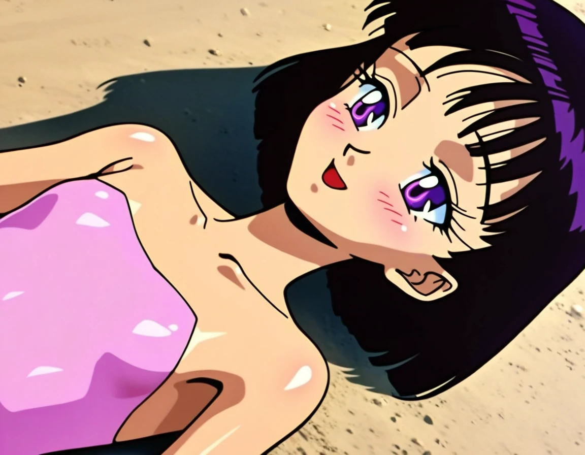 masterpiece, best quality, very aesthetic, absurdres, Sailor Saturn XL, 1990s \(style\), perfect face, perfect composition, moist skin, intricate details, beautiful detailed eyes, BREAK 1girl, solo, teen, short hair, black hair, purple eyes, flat chest, skinny, naked on swimsuit, highleg, shiny clothing, BREAK looking away, smile, blush, open mouth, lying, outdoors, beach, wind, full body,