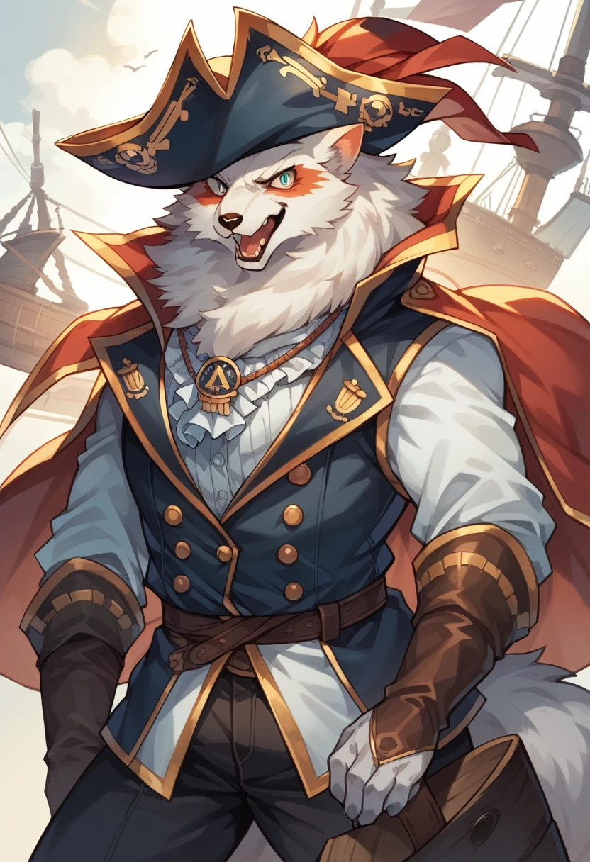 cover page, highres, top quality, best quality, paid reward available, unparalleled masterpiece, perfect artwork, absurdres, High-quality illustrations, super high resolution, detailed background, perfect anatomy(kemono, furry anthro, boy, girl)Hospitals with power outages, Spooky creatures, Pirate Ship, a pirate, good lighting, cinematic shadow,