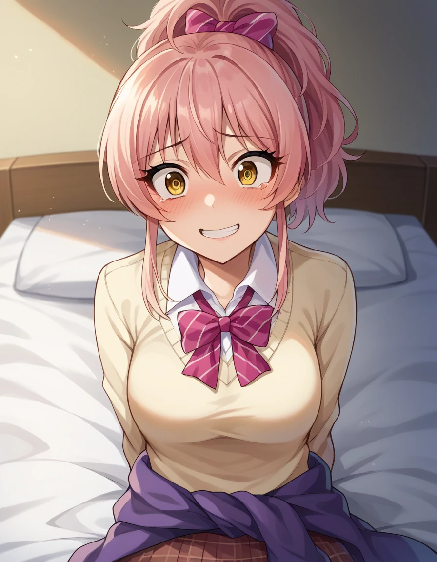 score_9, score_8_superior, score_7_superior, sauce_anime,
Mikkajogasaki, Mika Jogasaki, hair bow, Long Hair, Pink Hair, Yellow Eyes, ponytail, smile,
bow, Waist clothes, Plaid, Plaid skirt, , skirt, sweater, sweater around waist,
indoor, bed, bed room, ~ side, blush, Drunk,
View your viewers, Dutch Angle, Cowboy Shot,upper body、penis_Shadow, face focus, Scared, Shocked, superiorから, View the viewer, ((penis_Shadow on face))